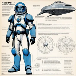 character concept sheet with AD&D statistics and characteristics for the TTPRG "Valerian and Laureline", [illustration by Jean-Claude Mézières (1967)] spacio-temporal agent Kael Dravan (male human), in spacesuit, ready to drive a spaceship