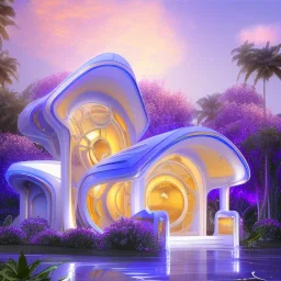 landscape of summer tropical ambient beutiful villa white gold and neon lights bright and colorful bright gloss effect of a futuristic house,like spaceship, natural round shapes concept, large transparent view of the open outdoor garden,sea beach at sunset, gold crystals,with light pink, flowers of Lotus, beutiful pools, light of sun , palmiers,cerisiers en fleurs, wisteria, sun , stars, small waterfalls