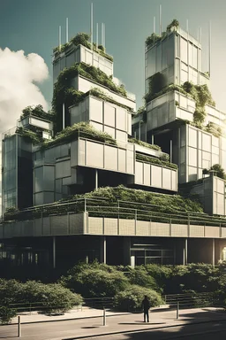 Clean, massive skyscraper, organised plants