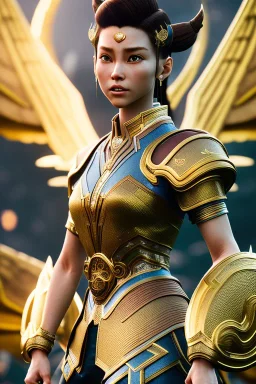 Chun-Li with short hair and dragons wings wearing only dragon scales,mythical,fantasy , magnificent, majestic, highly intricate, Realistic photography, incredibly detailed, ultra high resolution, 8k, complex 3d render, cinema 4d, dynamic pose