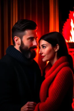 Fire place Christmas scene, dark haired couple, man with short black beard, blue eyes, cozy, young couple, high definition