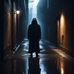 A hooded man in A dark alley, hidden shadows, a street light, puddle of rain,