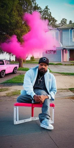 Ice Cube rapper, sitting. a chair. pink houses, pink sky, pink smoke, trees, outdoors. Groove street. 28mm