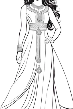 Coloring page for adults of a elegant fashion model woman wearing hindi dress, dynamic poses, full body portrait, thick and clean lines, clean details, no-color, no-turban, no-background, non color, non shading, no-grayscale, dynamic poses, full body portrait, thick and clean lines, clean details, no-color, no-turban, , non background, non color, non shading, no-grayscale, no color hair