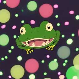 Night scene. A green frog smiling, smiling with teeth, happy, fun. Night. Colorful market. Dark. Black. festival lights. Japanese lanterns. sparkle. Bokeh, fisheye. party. confetti. playful. dance. Saturated.