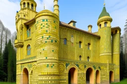 A pale greenish yellow castle made out of bricks designed in ancient Egyptian architectures and sculptures painted by Gustav Klimt