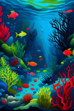 Vista del fondo del mar, peces de colores rojos, amarillos, negros, tiburones, corales rojos y fucsias, caballos de mar, el agua en diferentes tonos de azules y verdes