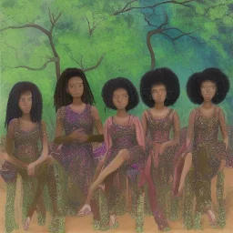 Octane rendered. .a group of women.five young black women sitting around a fire. Black Sisters. Sitting and Standing together. 4k Painting. Detailed. Fine details. the faces of 5 young black women. Young women sitting wood nymphs emerging from the forest. THeir hair looks like vines. Dreadlocs. Their skin is the colour of dark soil. their skin looks like tree bark. Their clothing is made of vines, grass and leaves.