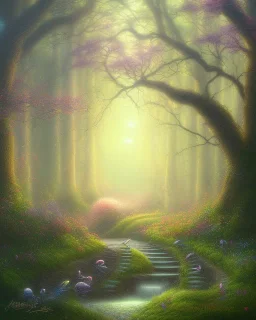 park mystical dream, trees, path, bird, sunshine, mystical, fantasy, romanticism, pastel colors, daylight, daytime, acrylic painting, detailed, soft focus,