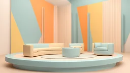 Generate a high-resolution photorealistic image of a 3D design of a modern set for a television talk show. Modern and elegant, with pastel, light blue, yellow and orange colors. The background of the stage has many geometric elements of various sizes in 3D, with a lot of relief ((classic Memphis style, Boho style, "Bauhaus")) and warm and welcoming lighting. Panoramic stage divided into three areas, a glamorous entrance for guests in the center of the set in the form of a tunnel with an entrance