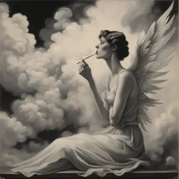 women sitting forward Her face turned upwards and blows cigarette smoke from their mouth. It depicts a figure with wings emerging from its back. behind the clouds of smoke seen death.