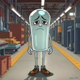 an very sad transparent glas man with legs and shoes, working clothes, in a factory, nobody cares about the empty glas, that is why he is so sad :( , he had worked 30 years in the factory and never had a salary increase, tears in his eyes, cartoon style