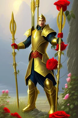 A large golden spear weapon covered in roses and thorns