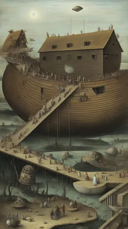 Hieronymus Bosch style nightmare Noah Ark ufo spaceship hovering above from a distance