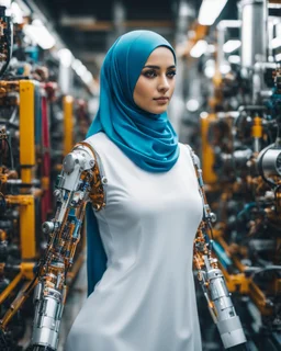 potrait cinematography colors a beautiful face woman hijab humanoid hijab robot mechanical walking in between two rows of complex machinery with vibrant colors