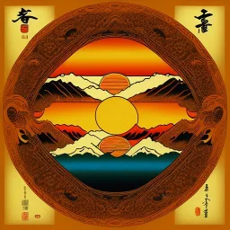 Ukiyo-e styled art, yin and yang sign, mountains and sun