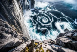 at the base of the rocky mountain peninsula, a great whirlpool waterfalls into deeper unknown depths