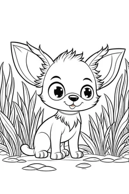 cute coloring page, sketch style, cute baby dog in the jungle, cute cartoon, white and black, withe background, no shadows, outline.