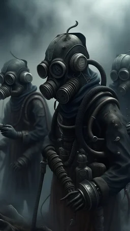 A musical band wrap a gas mask , they are tied to their musical instruments ,surrealism of the dark of a nightmare ten miles high and six foot deep, hyper photorealistic, hyper detailed dark art color, high resolution, fog, octane render, tilt shift, HDRI Environment, all pictures dark gray