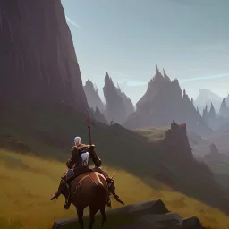  mountains with medieval knight in armour traveling on a horse in the background