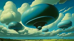 A cyan thunderstorm sky with airships painted by Thomas Hart Benton