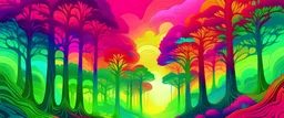 trippy forest, with trees and rainbow colors