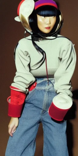 Asian, modern, treet, thick thigh, thick calves. Style futurism, 1996, daft punk around the world,details,Asa Akira.Mantle is sewed of recycled Denim and sewed together red felt pieces.Big headphones, with gold rings, is merged with small felt cap with small visor. A bag is integrated to the mantle. Big camouflage Patterns are composed of orange, cream, blue, lilac and purple. blue latex. It is with big bright purple felt tippet and cream-colored-hood. tippet