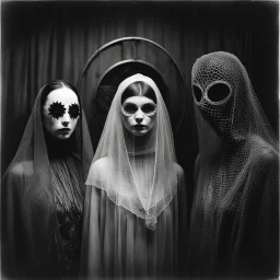 Vintage black and white photo of a young woman with two eerie figures wearing creepy masks and veils, one with a circular hole and the other with intricate wires and mesh, standing side by side in a dimly lit room, with a plain background, reminiscent of old horror photography, with a haunting and surreal atmosphere.