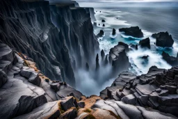 This mesmerizing ocean cliff scene captures the dramatic power and beauty of nature. Towering rugged cliffs stand majestically against the vast expanse of the ocean, where the water pours into a singular bottomless pit. The cliffs, with their sharp and jagged edges, create a stark contrast to the rough, flowing water, making the scene even more captivating. Sunlight pierces through the mist rising from the waterfalls, creating a magical, ethereal atmosphere