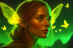 Portrait of a woman, Fireflies in Asgard, colorful polychromatic, ultra-detailed, Artstation, deep color, volumetric lighting, yellow-green color.