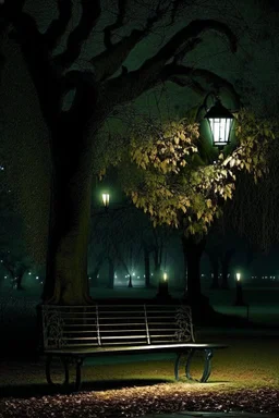 Park at night with lanterns, square bench, and dirt roads, trees, gothic horror films influence, creepy, photography