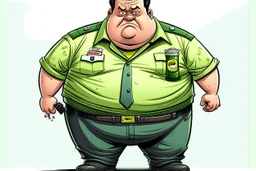 Cree l image d un agent de sécurité obese et sale. Il porte une chemise blanche tachée et boit une cannette de la marque monster. Il a des cheveux noirs.