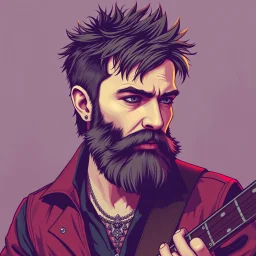 short haired bearded rockstar human bard 80s fantasy