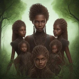 photo.three Brown skin women. Three dark skin women. Three black women. .three women. A mother. Two daughter. Twins. A mother with her children. three young black women. wood nymphs emerging from the forest. Her hair looks like vines. Dreadlocs. Her skin is the colour of dark soil. Her skin looks like tree bark. Her clothing is made of vines, grass and leaves.