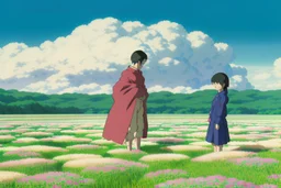 A heart-stirring image of Toshi teaching Yui to plant the mythical seeds amidst the biodome's blight-stricken area. Their shadows stretch long against the backdrop of Alberta's fiery horizon visible through the dome.