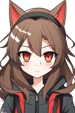 a headshot of a woman with long brown hair, red eyes, with a 'bad girl' vibe, brown cat ears, wearing black and red casual clothes, ((Chibi anime doll style)), splash art background, intricately detailed