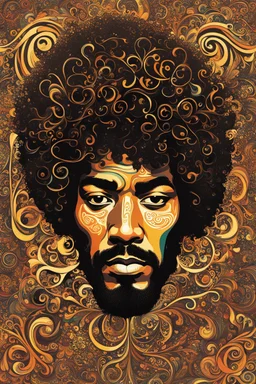 a stylized abstract illustration of Jimi Hendrix from calligraphic letters, flourishes, and swirls , finely drawn and inked, in classic Arabic calligraphy, 4k, hyper detailed in the style of EL SEED and vibrantly colored in the style of GUSTAV KLIMT