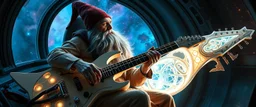 guitar acoustic banger, instrumental, celtic, georgian, gypsy jazz, back on track portrait of space captain gnome lich, , priest psycho, in cockpit, celtic knot hollow tube transparent core ornate indented space ship, shiny bright mega ship flourescent white blue like bubble gum with a few big windows and decks, interdimensional twister, rock against colored spaced fog, space interior. split tail, winged serpent, glowing aura