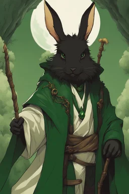 Male rabbitfolk with black fur and Hazel eyes wearing a emerald green robes in a fantasy setting, sorcerer of life