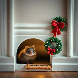 Close up of a mouse hole in the baseboard of a suburban room with a "WELCOME" mat in front of it, miniature beautiful Christmas wreath with a red bow hung beside a mouse hole, kitschy, concept art