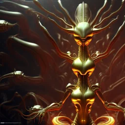 masterpiece poster of glistening elegant queen empress xenomorph alien meditating lotus position, inside ominous glowing alien temple shrine. in the style of aliens, by weta workshop, james cameron, h. r. giger, beautiful octane render, extremely intricate, epic composition, cinematic lighting, , trending on artstation, cinematic dramatic atmosphere, matte painting