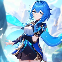 Clear focus,High resolution, Vibrant short blue hair, Vibrant blue eyes, Genshin impact inspired outfit, wearing a short skirt