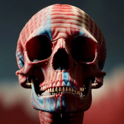 a picture of a dark, comedic, anatomically correct wall of red white and blue tightly packed stacked skulls of varying sizes and expressions, photo realistic, insanely meticulous, highly detailed, part of a collection of bones on display, 64k, dystopian, vray, anatomically correct