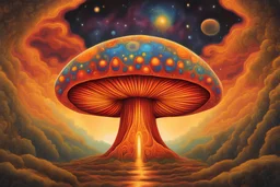 cosmic mushroom galaxy in a psychedelic orange, red, and yellow color palette in the illustrated style of alex grey