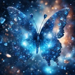 crystal butterfly made of gems made of different shades of blue, double exposure blue nebula galaxy background,, glowing particles in background, amibent mood,16k resolution photorealistic, masterpiece, hight contrast, depth of field, breathtaking intricate details, realistic and lifelike cgi, dramatic natural lighting, reflective catchlights, high quality CGI VFX fine art