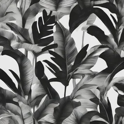 black and white banana leafs wallpaper pattern in vector lines