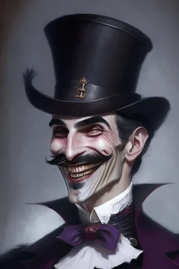 Strahd von Zarovich with a handlebar mustache wearing a top hat looking very happy