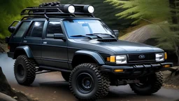 A unique off-road vehicle that is a blend of a 1997 Subaru Legacy and a 1985 Audi Quattro. The vehicle features rugged off-road tires, LED lights, a winch, and an expedition roof rack. The design combines the distinctive elements of both cars, creating a powerful and versatile off-road machine with a custom appearance. The car is set in an adventurous outdoor setting, showcasing its capability and robustness in challenging terrains.