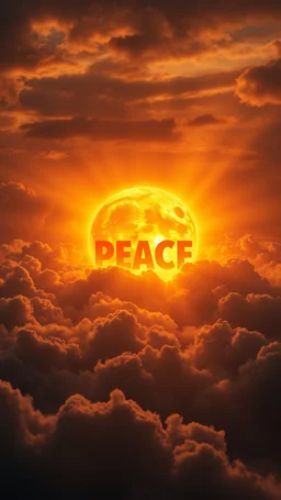 A huge ball of fire above swirling clouds, the word “ PEACE “emerges from the heart of a raging storm. Turbulent winds of steam swirl around the sun lit by shafts of sunlight that cast dramatic shadows on the A beautiful sun , High quality 16k cinematic scene and great photography