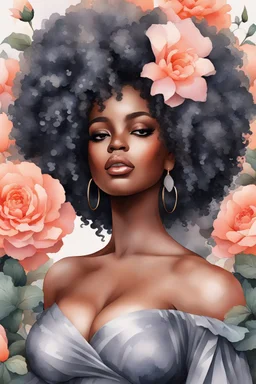 Create an watercolor image of a curvy black female wearing a grey off the shoulder blouse and she is looking down with Prominent makeup. Highly detailed tightly curly black afro. Background of large peach and grey flowers surrounding her